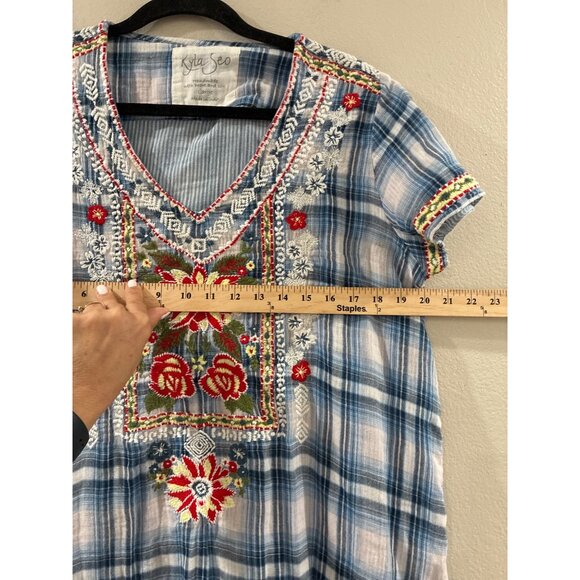 Kyla Seo blue white plaid floral embroidered short sleeve boho tunic shirt large - Picture 10 of 10